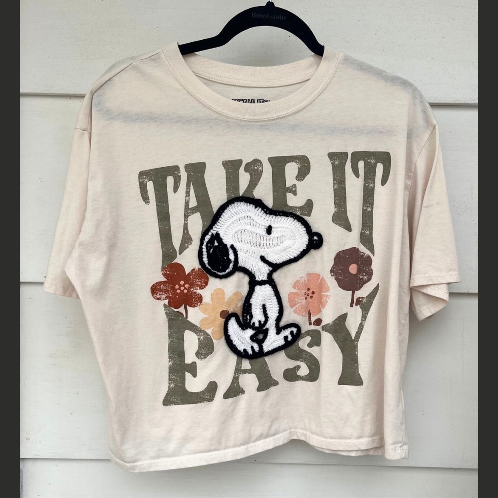 Peanuts Snoopy Yarn Embroidered Crochet Boho Take it Easy Boxy Tee Size XL